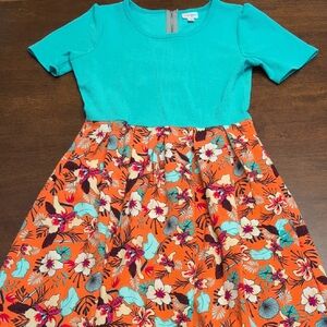 LuLaRoe Amelia Teal Top with Orange Floral Skirt Dress